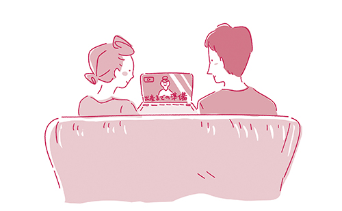 PCでYoutubeの番組を見ながら、話し合っているパパとママの絵