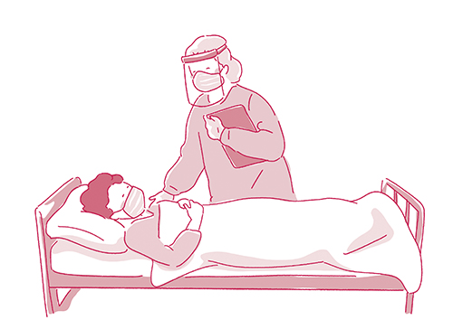 防護服とマスク、フェイスシールドをつけて患者さんと接している看護師の絵